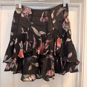 ALLSAINTS Ria Soleil Black Ruffle Mini Skirt with Floral Fruit Sphynx Moth Print